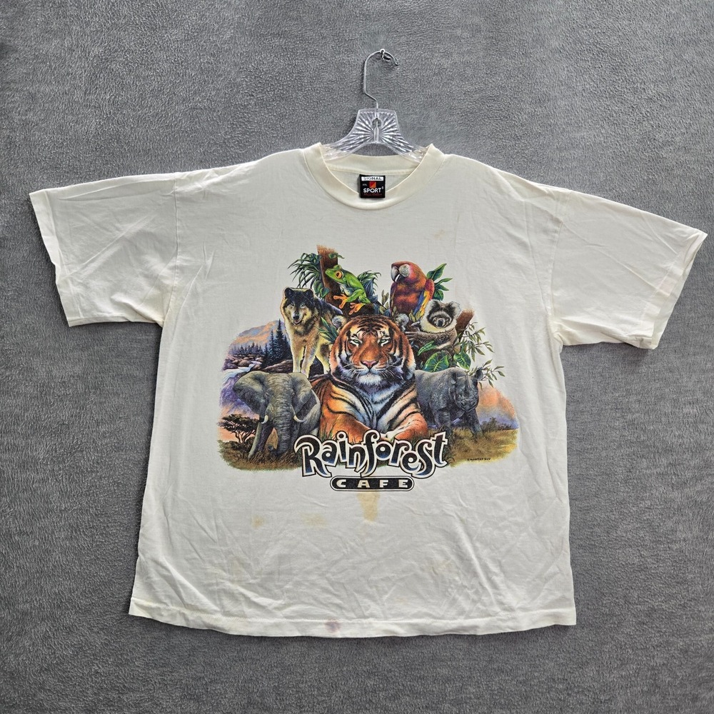 VINTAGE Rainforest Cafe Men Shirt 2XL White Tiger Safari Single Stitch Tee READ